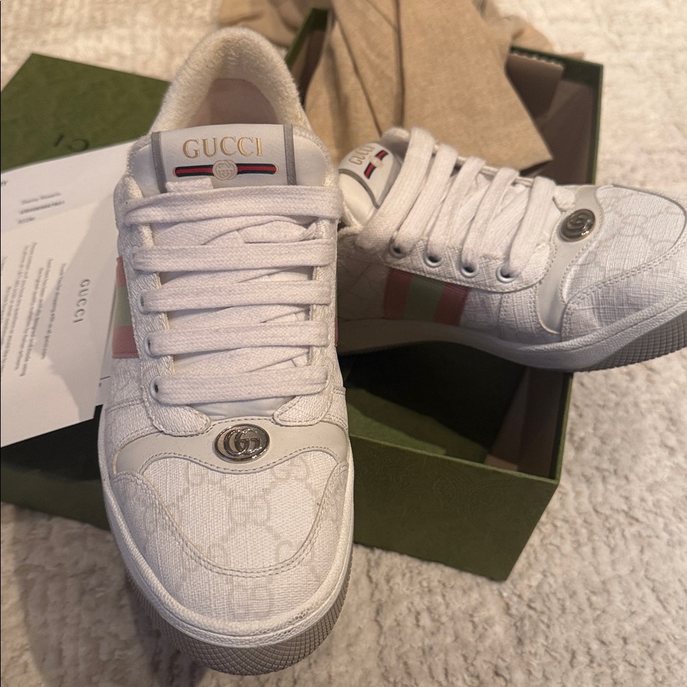 Gucci screener sneakers white green pink size 38 - Picture 3 of 4